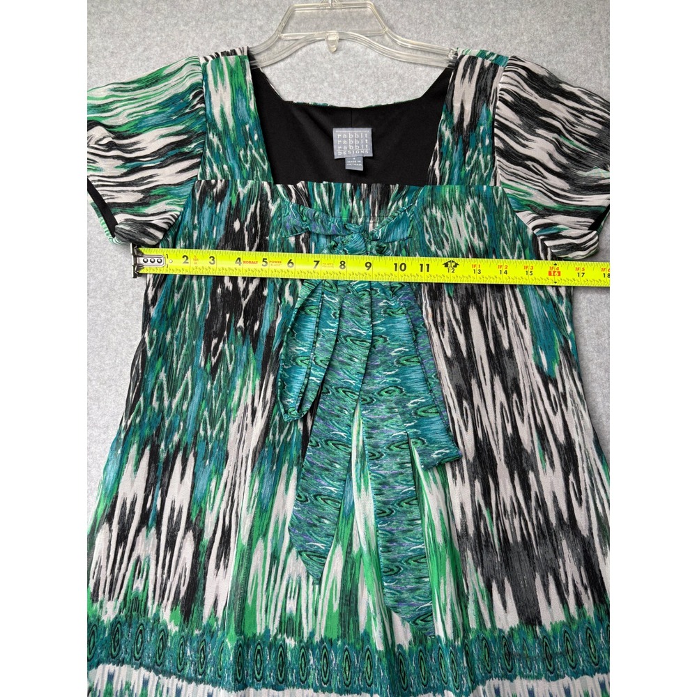 Rabbit Rabbit Rabbit Designs Green Ikat Print Bow Front Mini Dress Size 4 - Picture 4 of 6